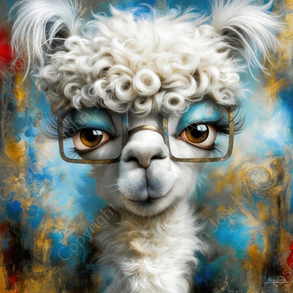1306 - Schilderij grappige Alpaca met make up en bril, humor, abstract