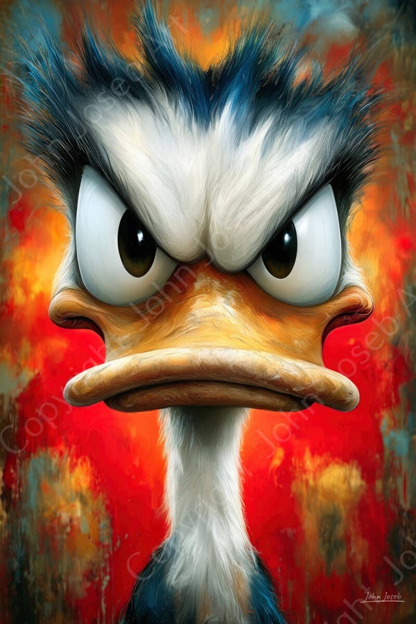 1307 - Schilderij grappige boze eend, portret, kleurrijk, felle kleuren, vogel