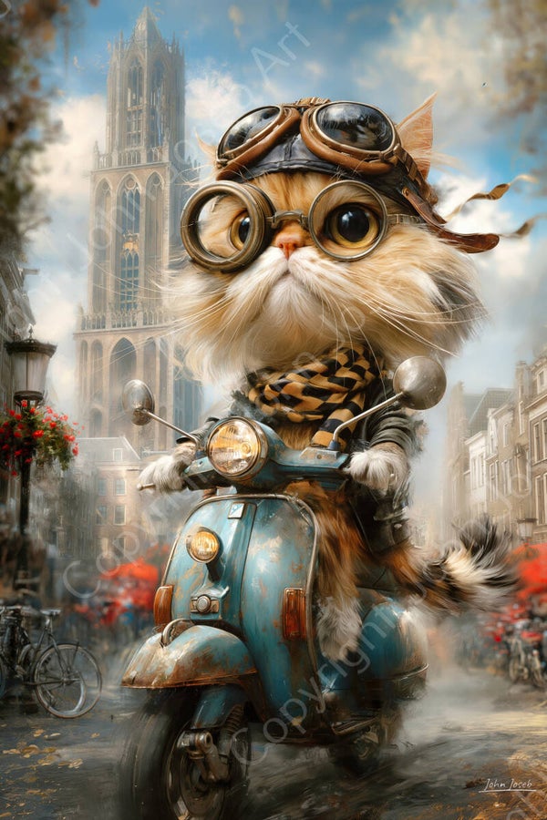 1308 - Schilderij grappige poes, kat op scooter in Utrecht, Domtoren, humor