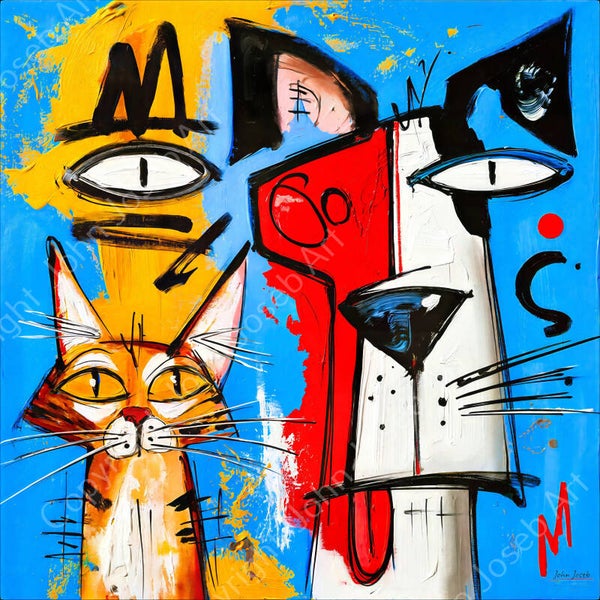 1309 - Schilderij grappige hond en poes, kat, humor, Herman Brood stijl, kleurrijk