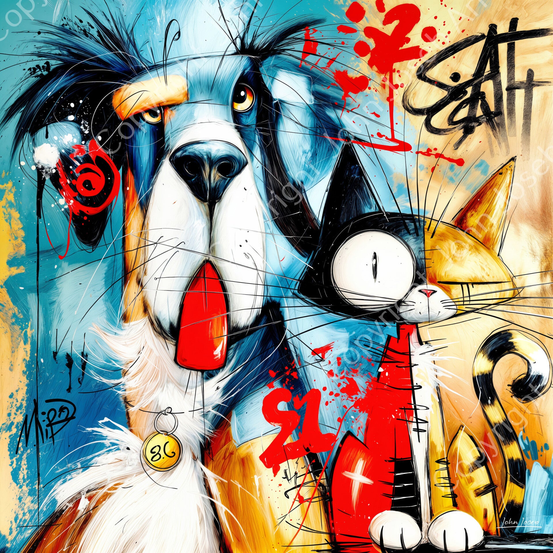 1311 - Schilderij grappige poes, kat en hond, abstract, humor, graffiti, kleurrijk