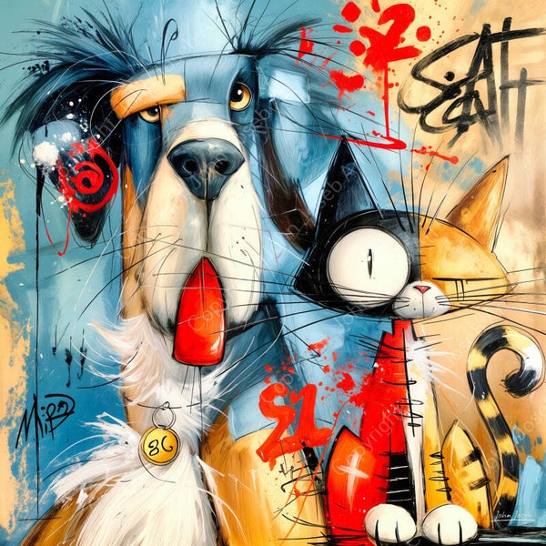 1311 - Schilderij Grappige poes, kat en hond, abstract, humor, graffiti, kleurrijk