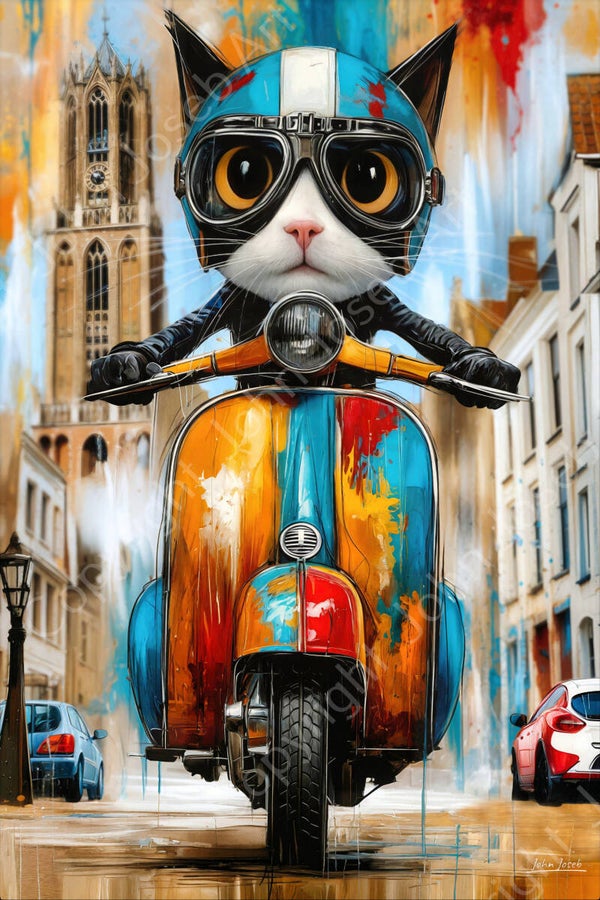 1313 - Schilderij scooter in Utrecht met grappige poes, kat, humor, Domtoren
