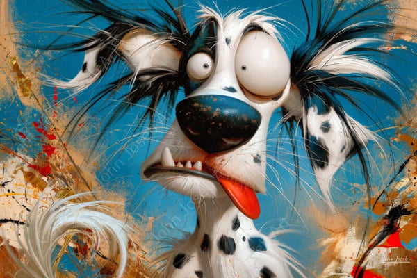 1317 - Schilderij gekke grappige hond met bol oog, rode tong, humor, abstract