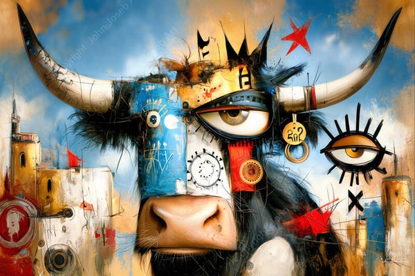 1319 - Schilderij gekke grappige koe /stier met groot oog, humor, kleurrijk, abstract