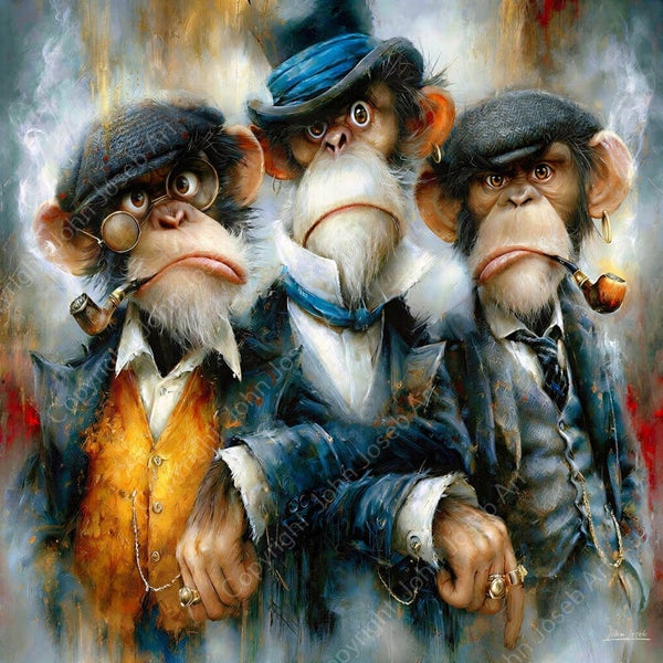 1320 - Schilderij grappige apen in pak, hoed, pijp, roken, fashion, humor, vierkant