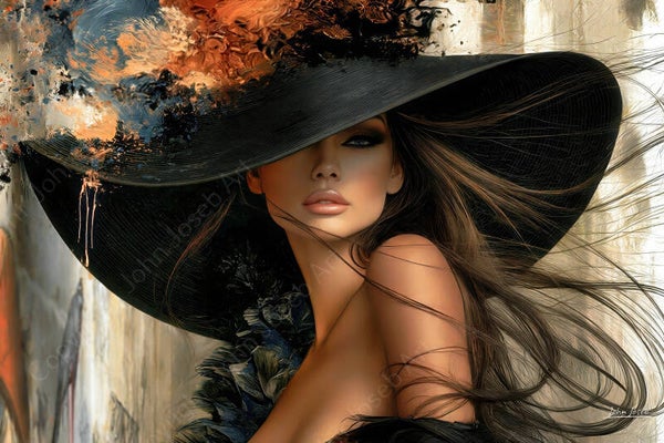 1321 - Schilderij vrouw, grote hoed, fashion, gezicht, stijlvol, portret, abstract