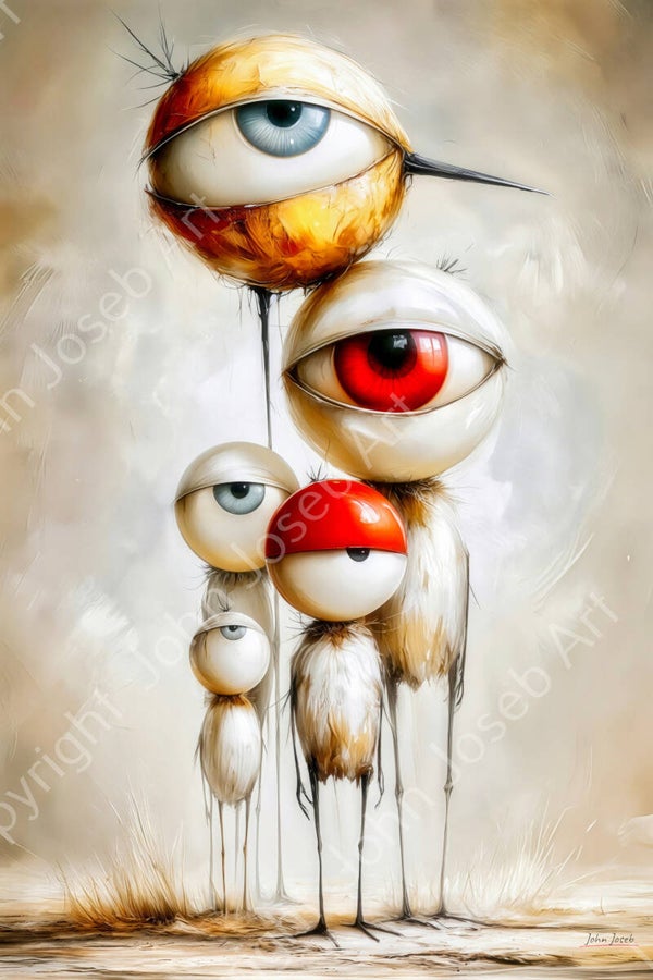 1323 - Schilderij kleine en grote vogels met een groot oog, humor, abstract,