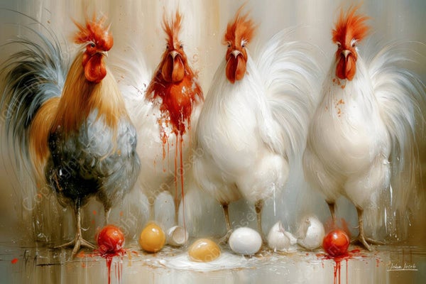 1324 - Schilderij hanen en kippen, kapotte eieren, abstract, humor, aardetinten