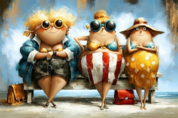 1325 - Schilderij grappige vrouwen, dikke dames op het strand, kleurrijk, humor