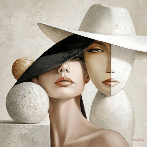 1327 - Schilderij vrouwen gezichten, portret, abstract,  japandi stij, aardetinten