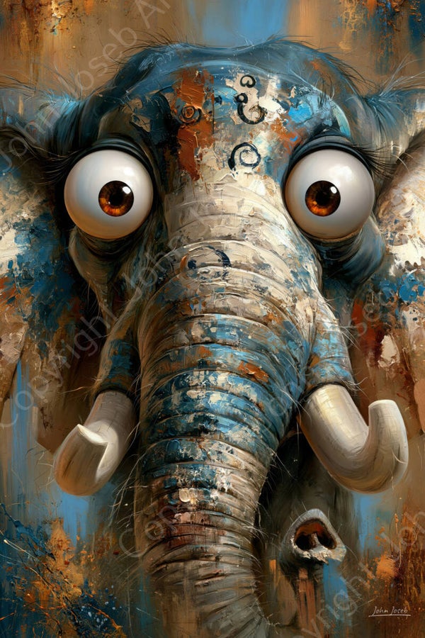 1332 - Schilderij olifant, gek, grappig, humor, abstract, bolle ogen, portret