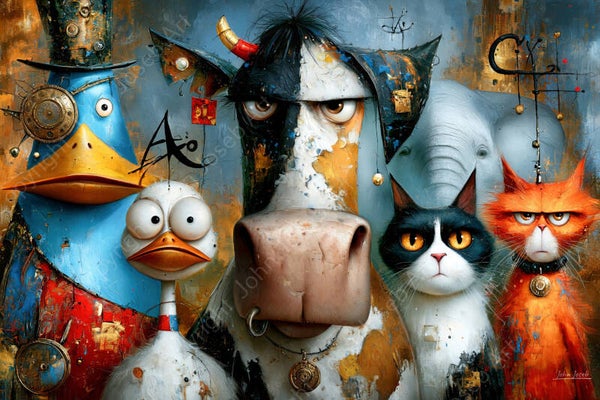 1333 - Schilderij poes, eend, kuiken, vogel, olifant, koe, stier, humor, kleurrijk