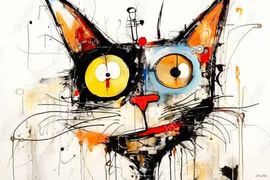 610.1 - Canvas 60 x 40 cm. Schilderij gekke kat poes, abstract kleurrijk kunst