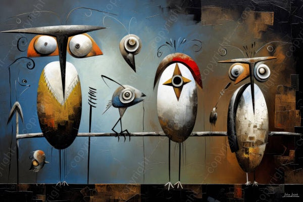 946 - Schilderij vogels op een tak, abstract surrealisme, Joan Miro stijl