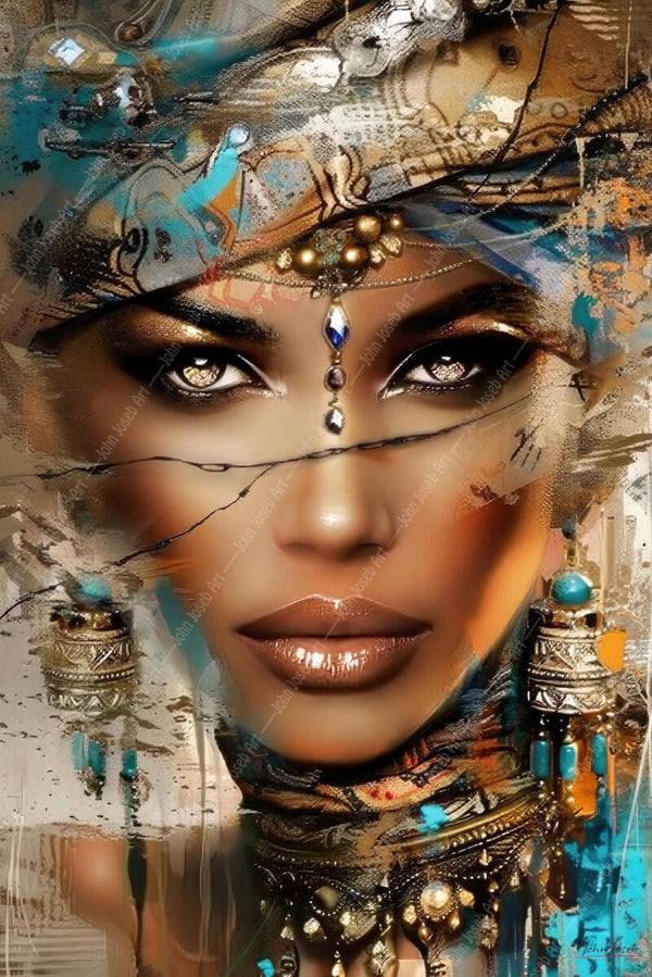 997 - Schilderij vrouw met juwelen, sieraden, doek, sjaal, kleurrijk