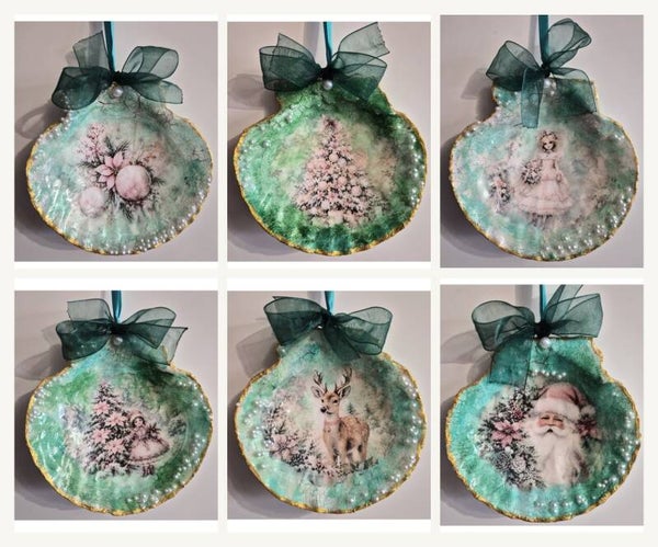6 handgefertigte Weihnachtsanhänger aus echten Muscheln