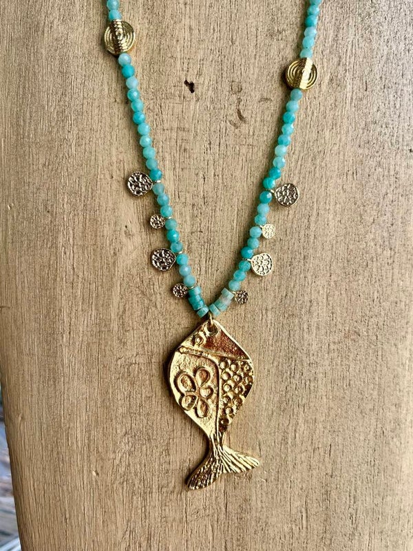 Sautoir Poisson doré et Amazonite