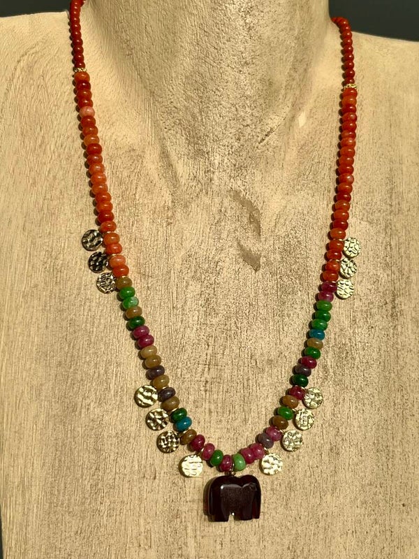 Collier Eléphant Quartz rouge