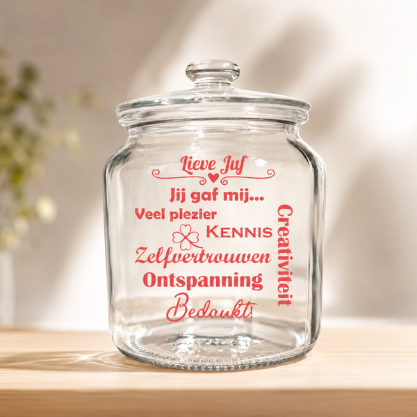 Gepersonaliseerde glazen pot, cadeau voor juf of meester