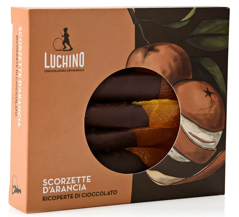 Gekonfijte sinaasappelschil met pure chocolade 100g - "Scorzette d'Arancia Cioccolato"