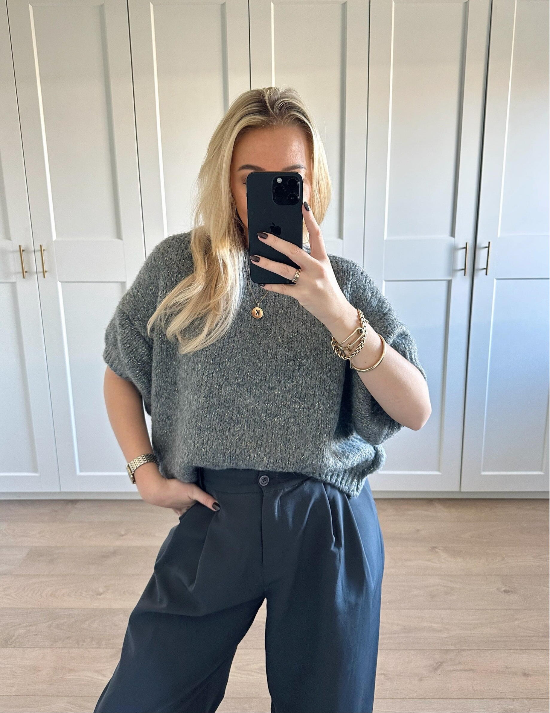 Gebreide driekwart trui met glitterdraad - grijs