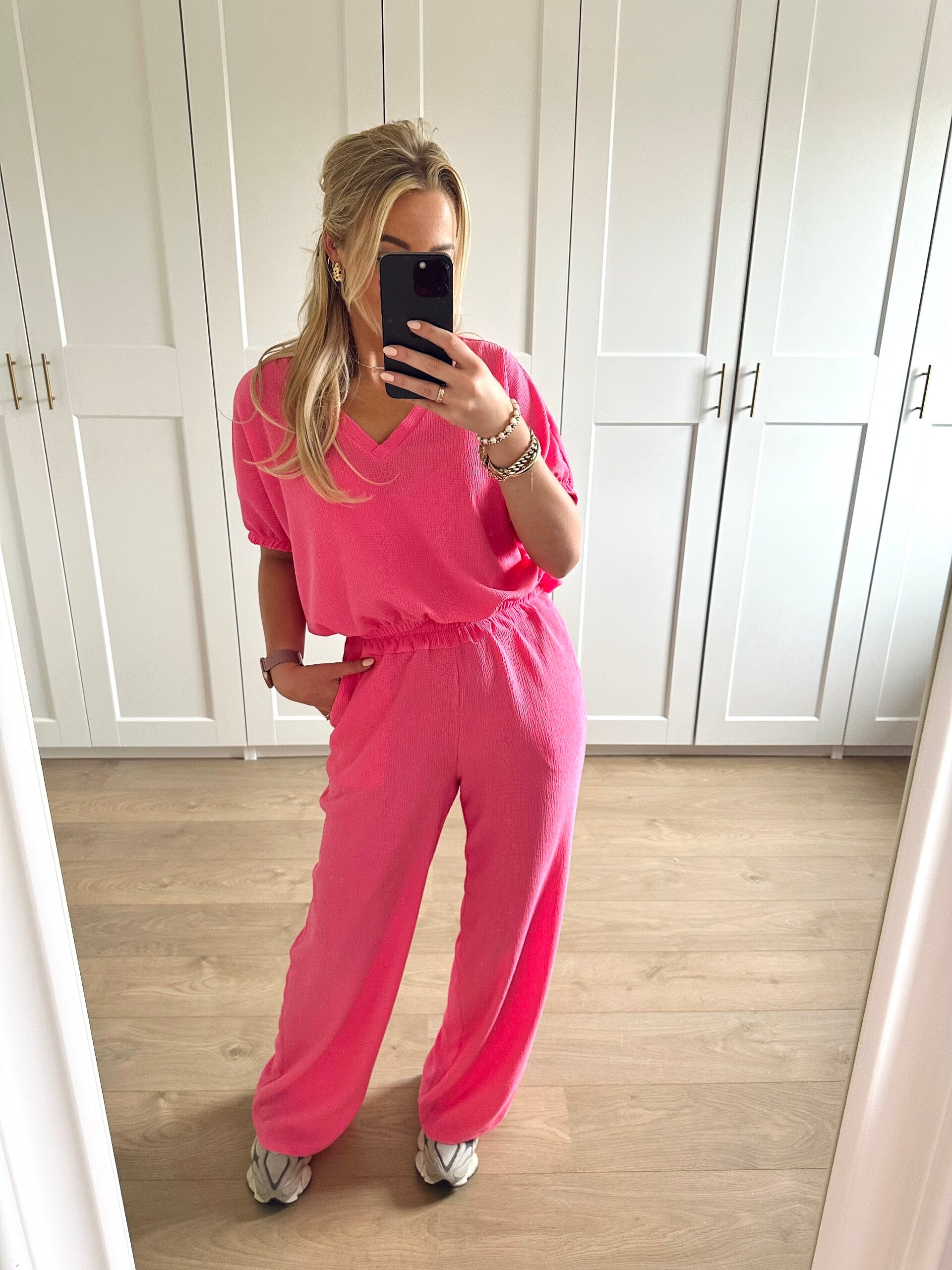 Twee delige set met v-hals - roze