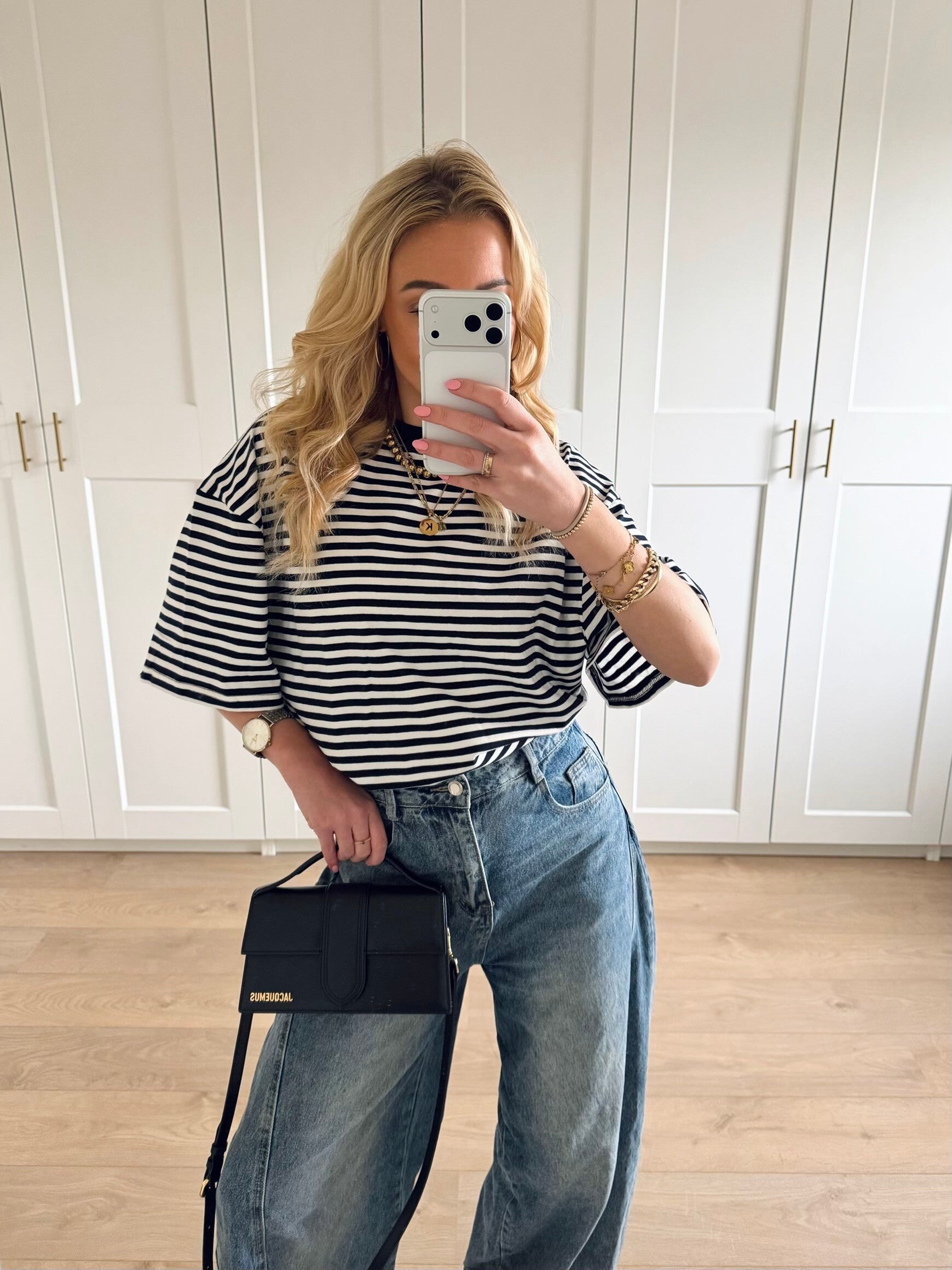 Gestreepte top met driekwart mouw - blauw/wit