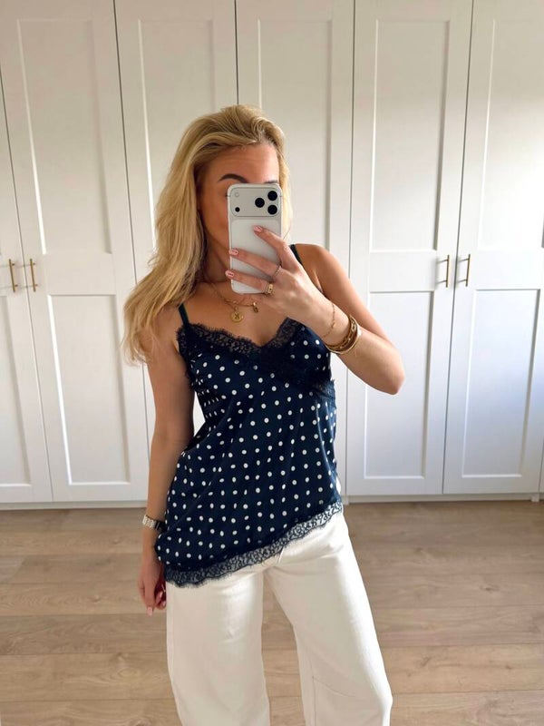 Stippen top met kant - blauw/wit
