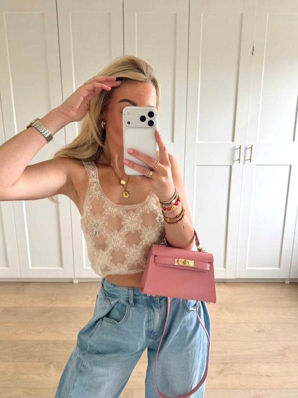 Korte top met parels - crème