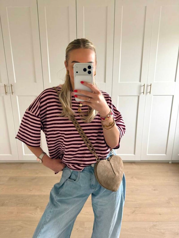 Gestreepte top met steentjes - roze/rood