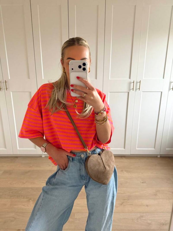 Gestreepte top met steentjes - oranje/roze