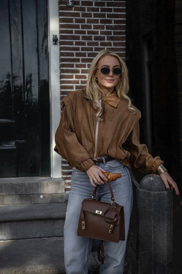 Suede look bomber met schoudervulling - camel