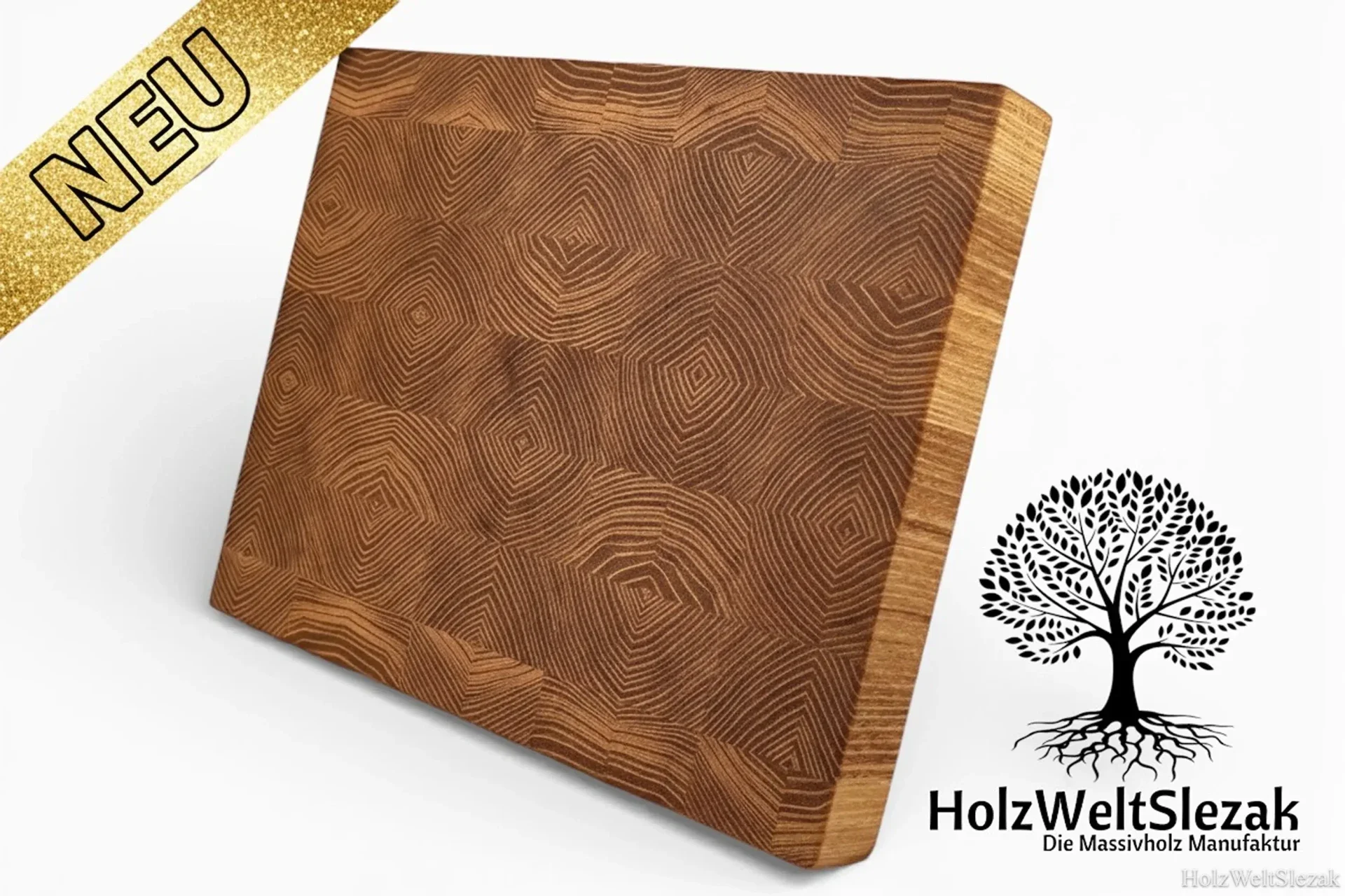 HolzWeltSlezak Akazie-Robust Hirnholz Schneidebrett aus Akazie natur – handgefertigtes, massives Unikat mit NEU-Badge und Logo.