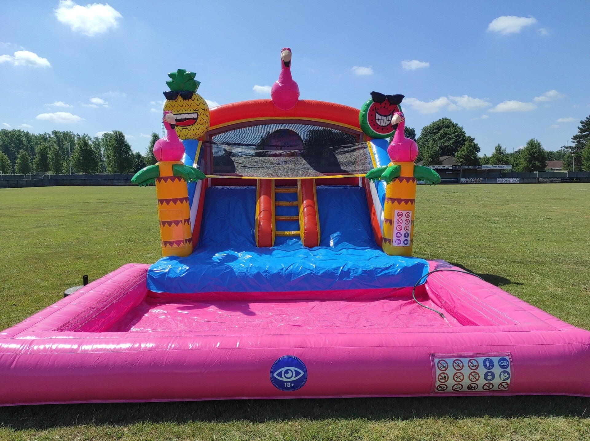 Play & Jump verhuurt het unieke Flamingo springkasteel met ballenbak en zwembadfunctie in Ham, Tessenderlo, Beringen, Leopoldsburg en omgeving.