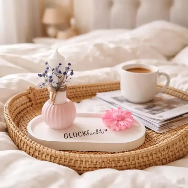 Kerzenständer aus Resin mit Unterlage & Resin-Blume – rosa Deko Set, moderne Tischdeko, Geschenkidee, Wohndeko Schlafzimmer