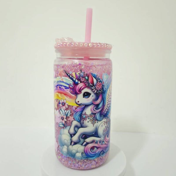 16oz acrylic pink Unicorn glitter snowglobe tumbler with a rhinestone lid