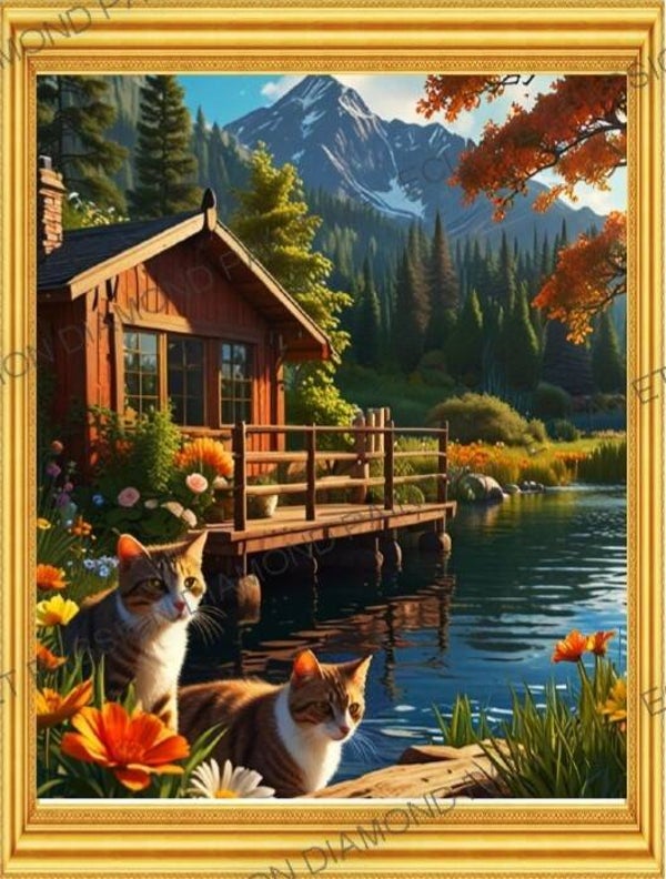 Paysage chalet sur lac et deux Chats