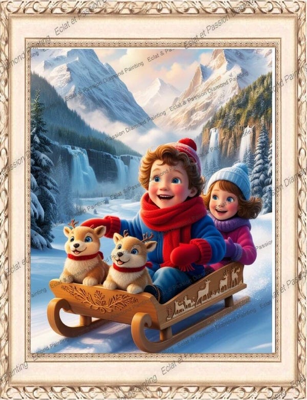 TOM ET EVA AVEC LEURS CHIOTS DESCENDANT SUR LA LUGE