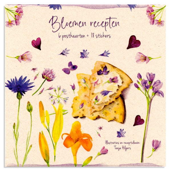 Set 6 Postkaarten Bloemen Recepten + 18 stickers