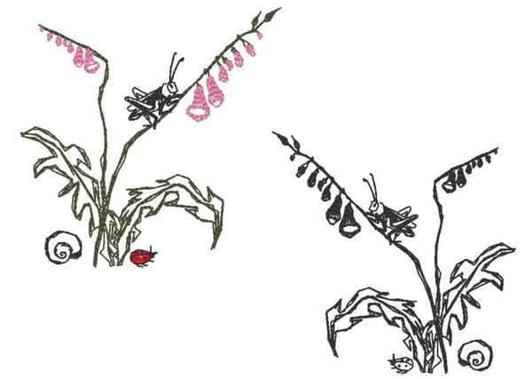 Stickmotive Blume mit Insekten