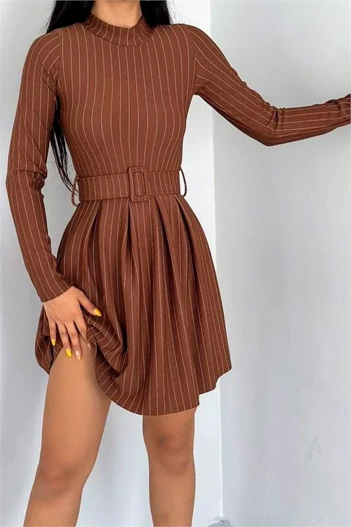 Belted Mini Striped Dress - Camel