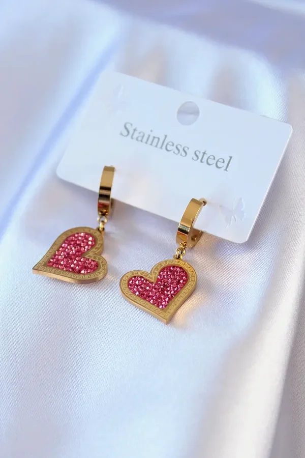 Steel Gold Color Pink Zircon Stone Heart Model Women's Earrings
