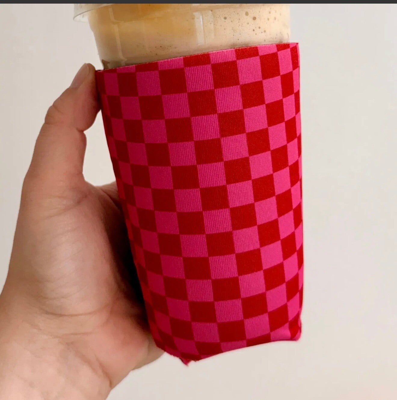 Red/Pink Check Coffee Sleeve- Medium