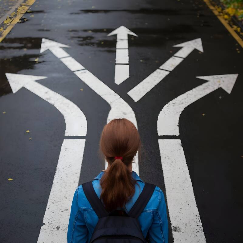 Personne face à plusieurs chemins symbolisant les choix de vie et les schémas répétitifs