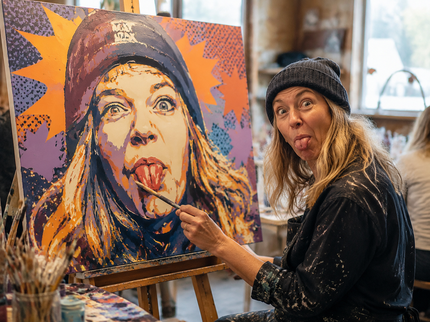 Deelnemer tijdens een creatieve schilderworkshop naast haar kleurrijke persoonlijke portret
