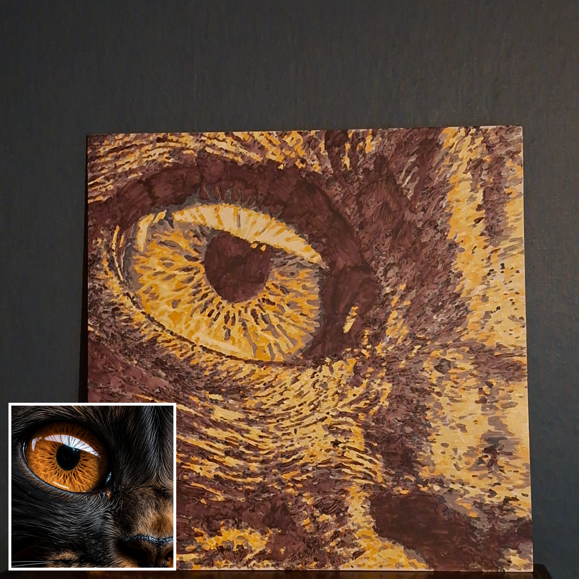 Geschilderd kattenoog van eigen foto tijdens dierenportret workshop