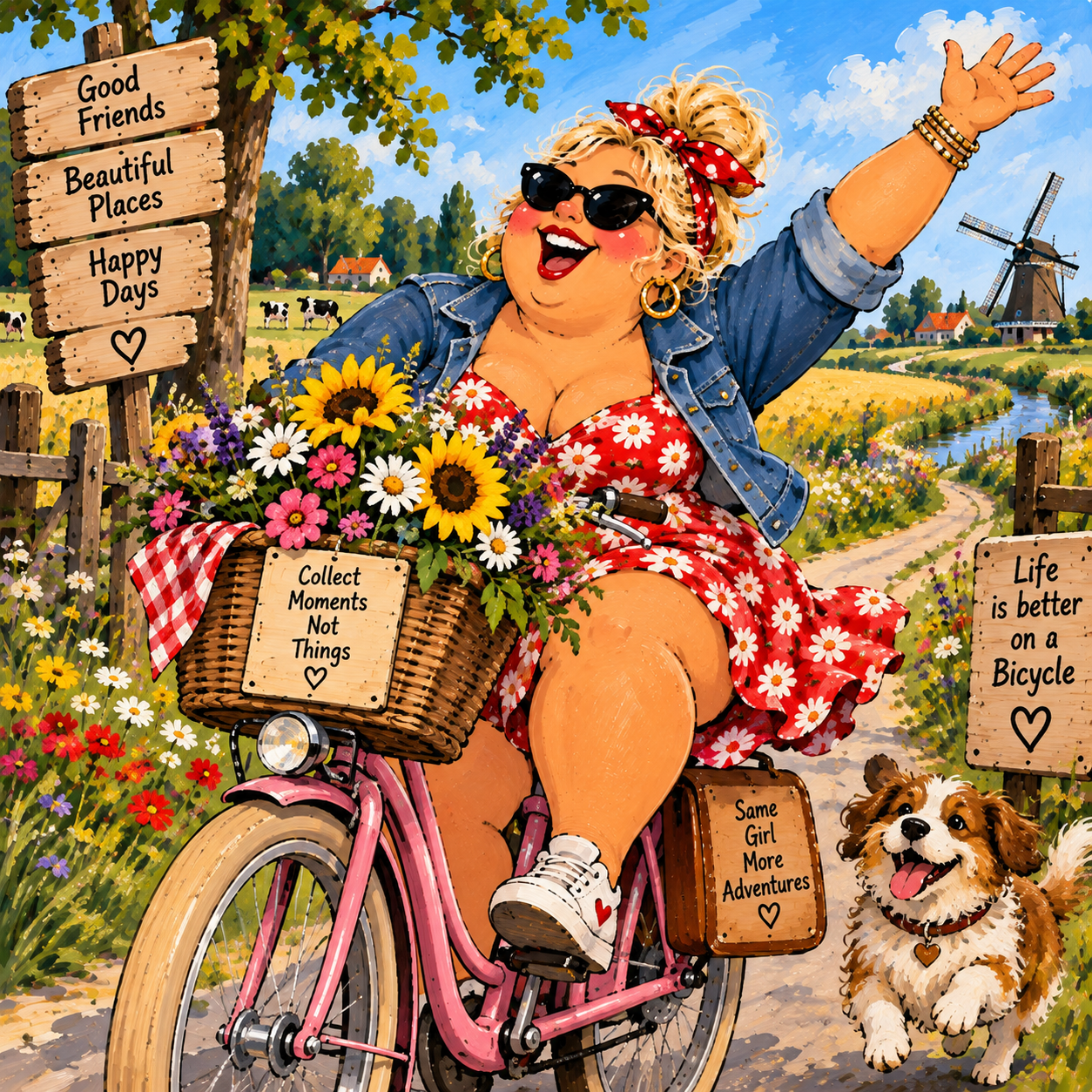 Vrolijke dikke dame op een fiets met bloemenmand op een landweg