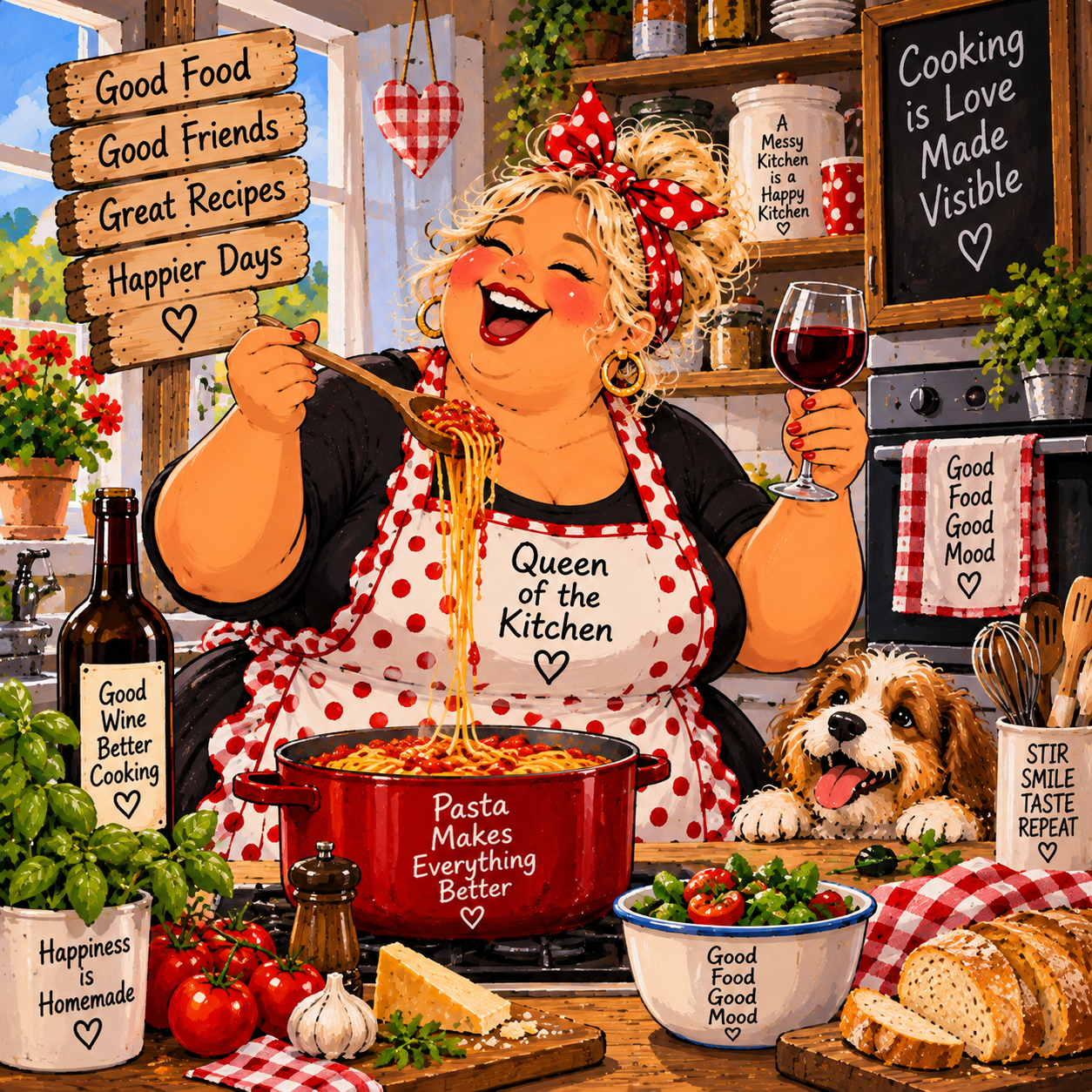 Vrolijke dikke dame die pasta kookt in een gezellige keuken