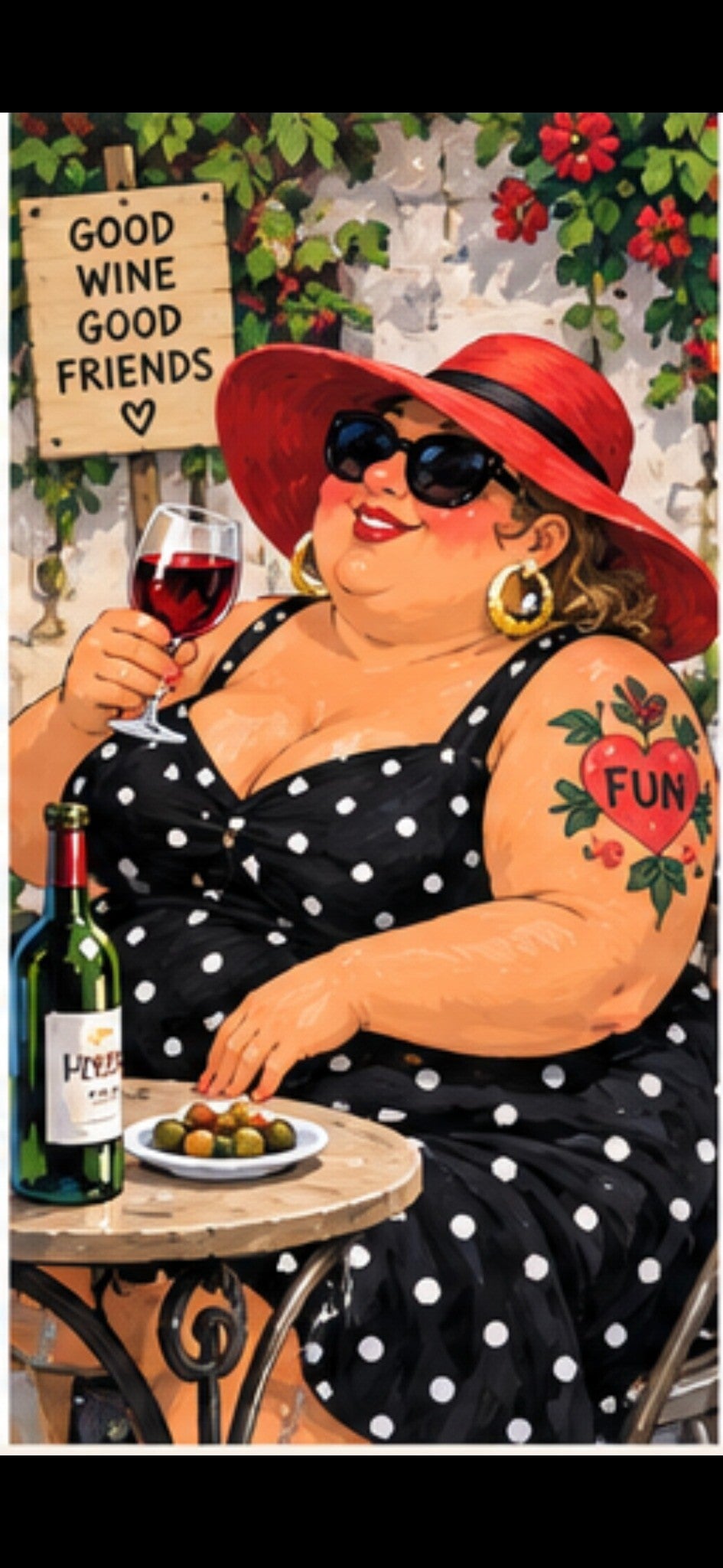 Dikke dame met zonnebril en glas rode wijn